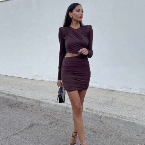 Zara Dresses & Skirts - Zara Draped Brown Cutout Mini Dress, Size XS